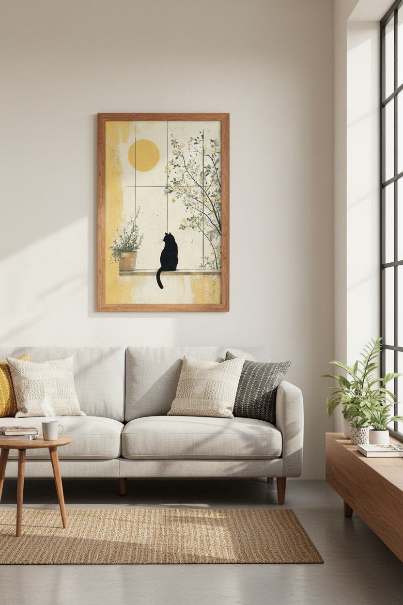 Black Cat Sun Window Art | Japanese Style Yellow Poster, Minimalist Home Decor