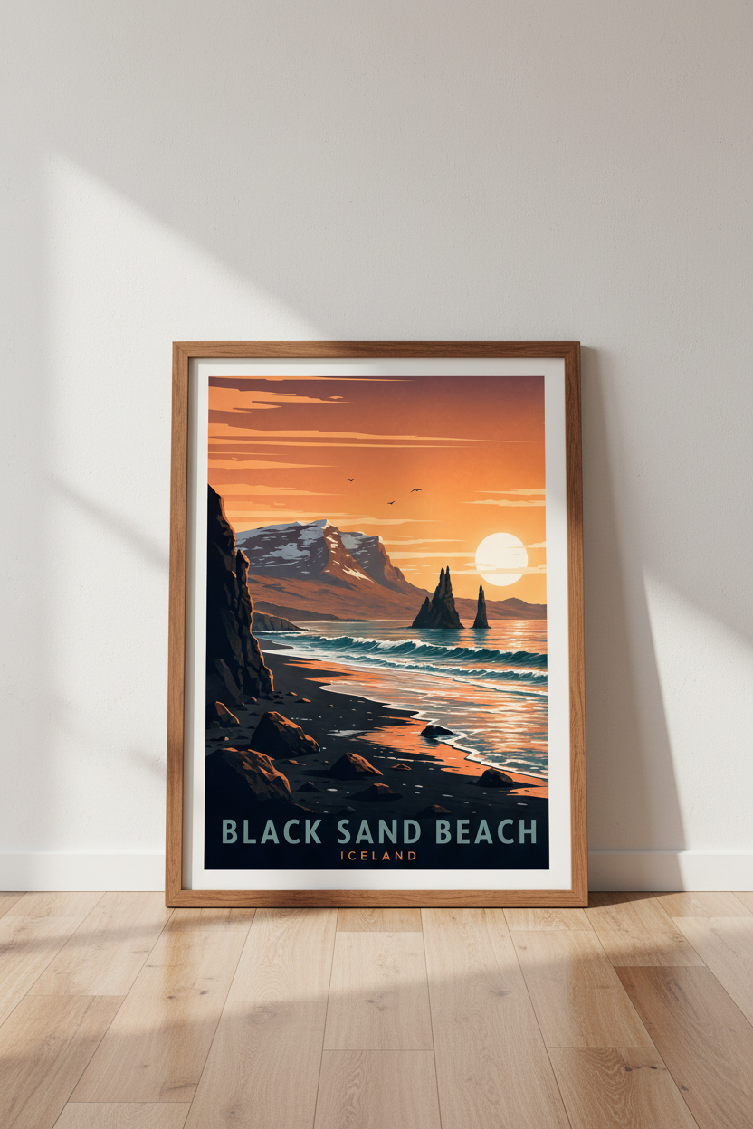 Iceland Black Sand Beach Travel Poster | Orange Sunset Landscape, Modern Home Decor
