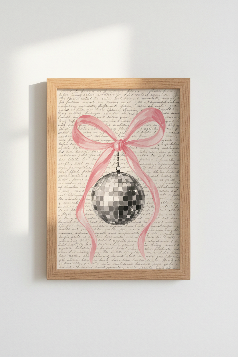 Coquette Disco Ball Print | Pink Bow Vintage Aesthetic, Dorm & Bedroom Wall Art