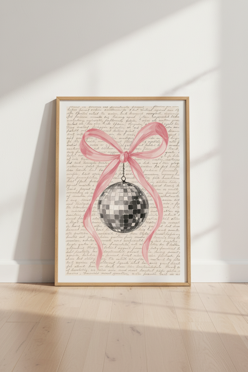 Coquette Disco Ball Print | Pink Bow Vintage Aesthetic, Dorm & Bedroom Wall Art
