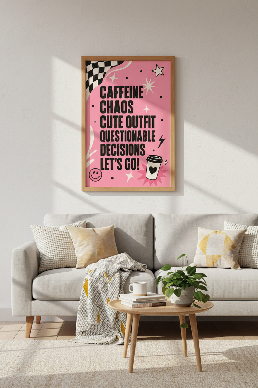 Caffeine Chaos Wall Art Print | Pink Retro Dorm Decor | Funny Y2K Aesthetic Poster