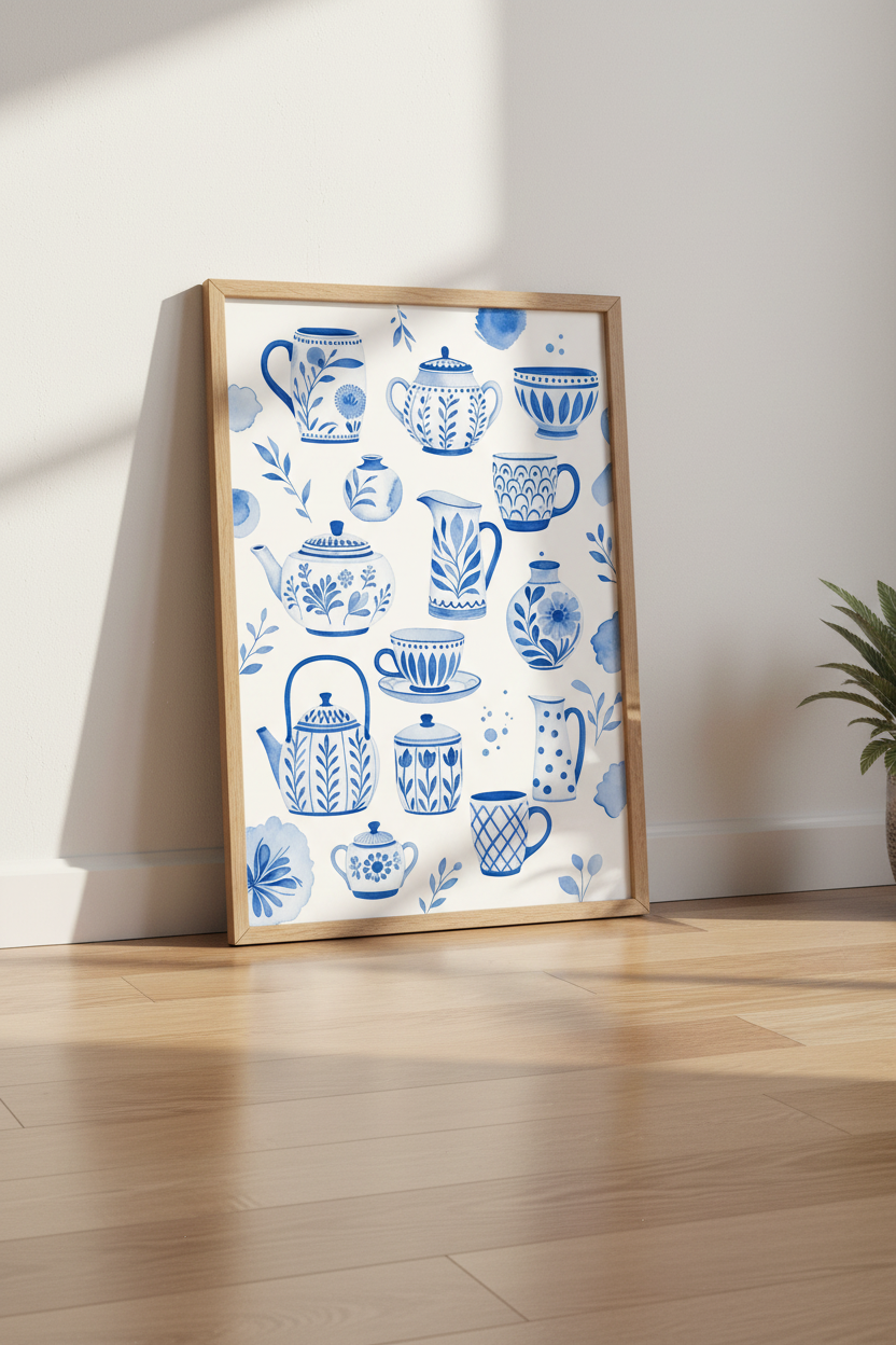 Blue Watercolor Teapot Wall Art | Kitchen Decor | Chinoiserie Pottery Poster