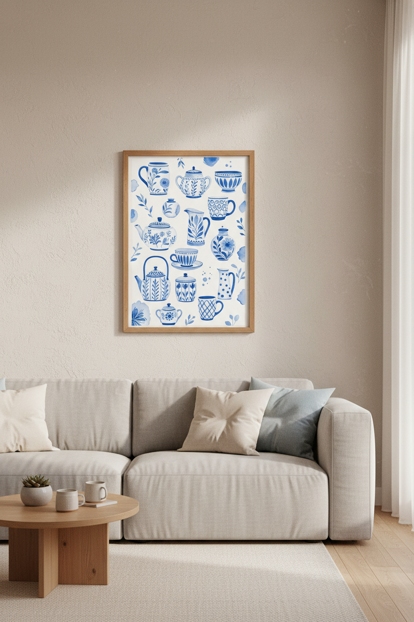Blue Watercolor Teapot Wall Art | Kitchen Decor | Chinoiserie Pottery Poster