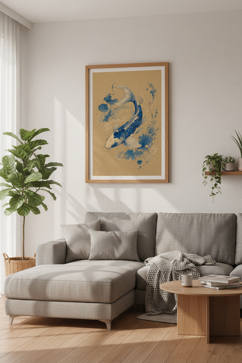 Koi Fish Wall Art | Japanese Blue & Gold Poster, Zen Living Room Decor