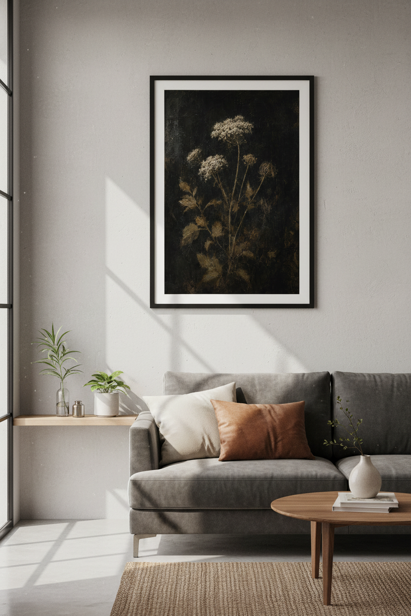 Dark Moody Floral Print | Black White Vintage Botanical Painting, Gothic Wall Art