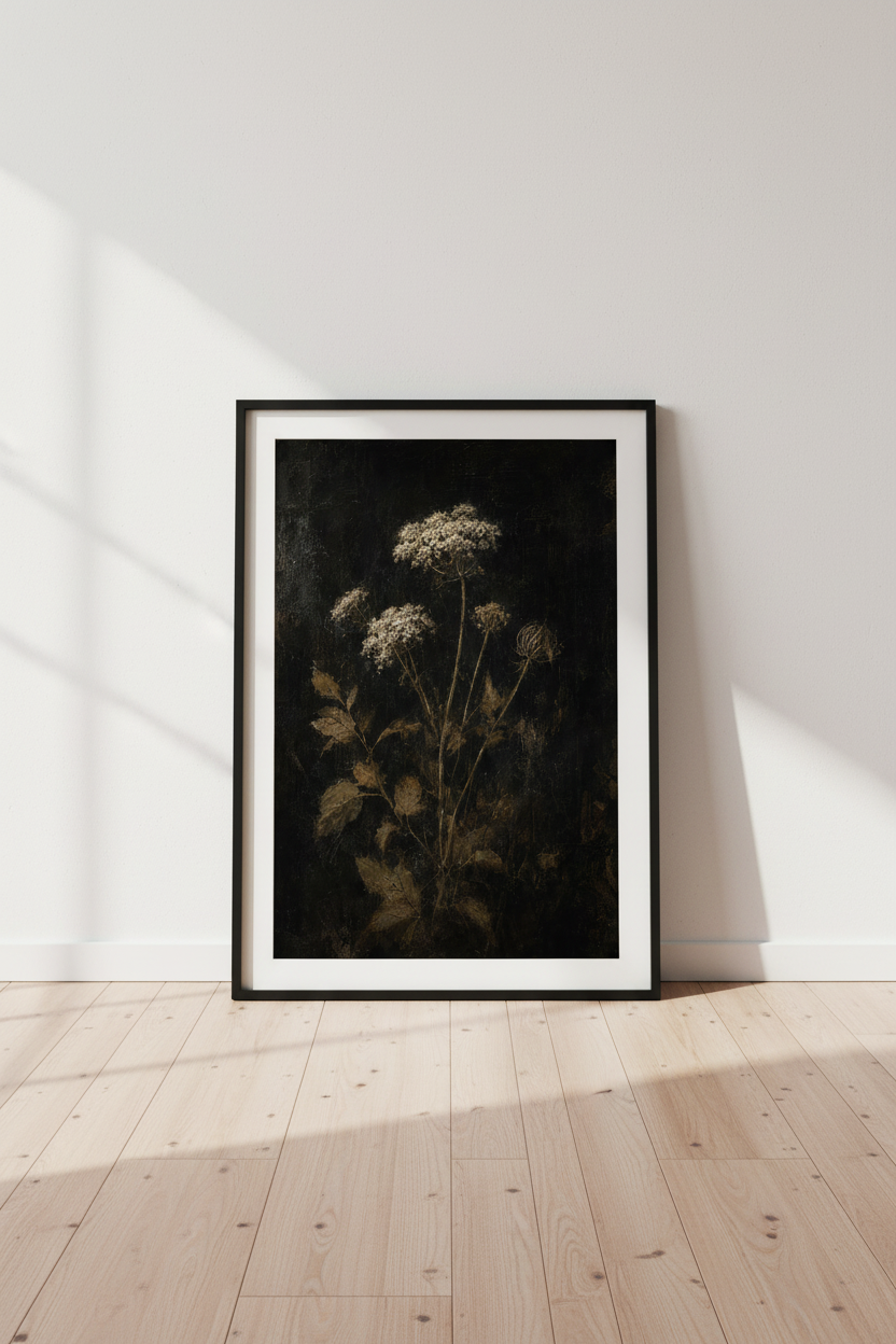 Dark Moody Floral Print | Black White Vintage Botanical Painting, Gothic Wall Art
