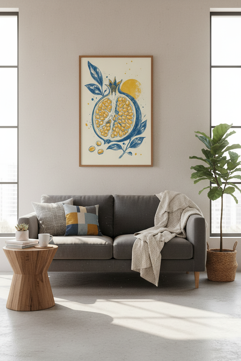 Pomegranate Botanical Wall Art | Blue & Yellow Fruit Print, Kitchen Decor