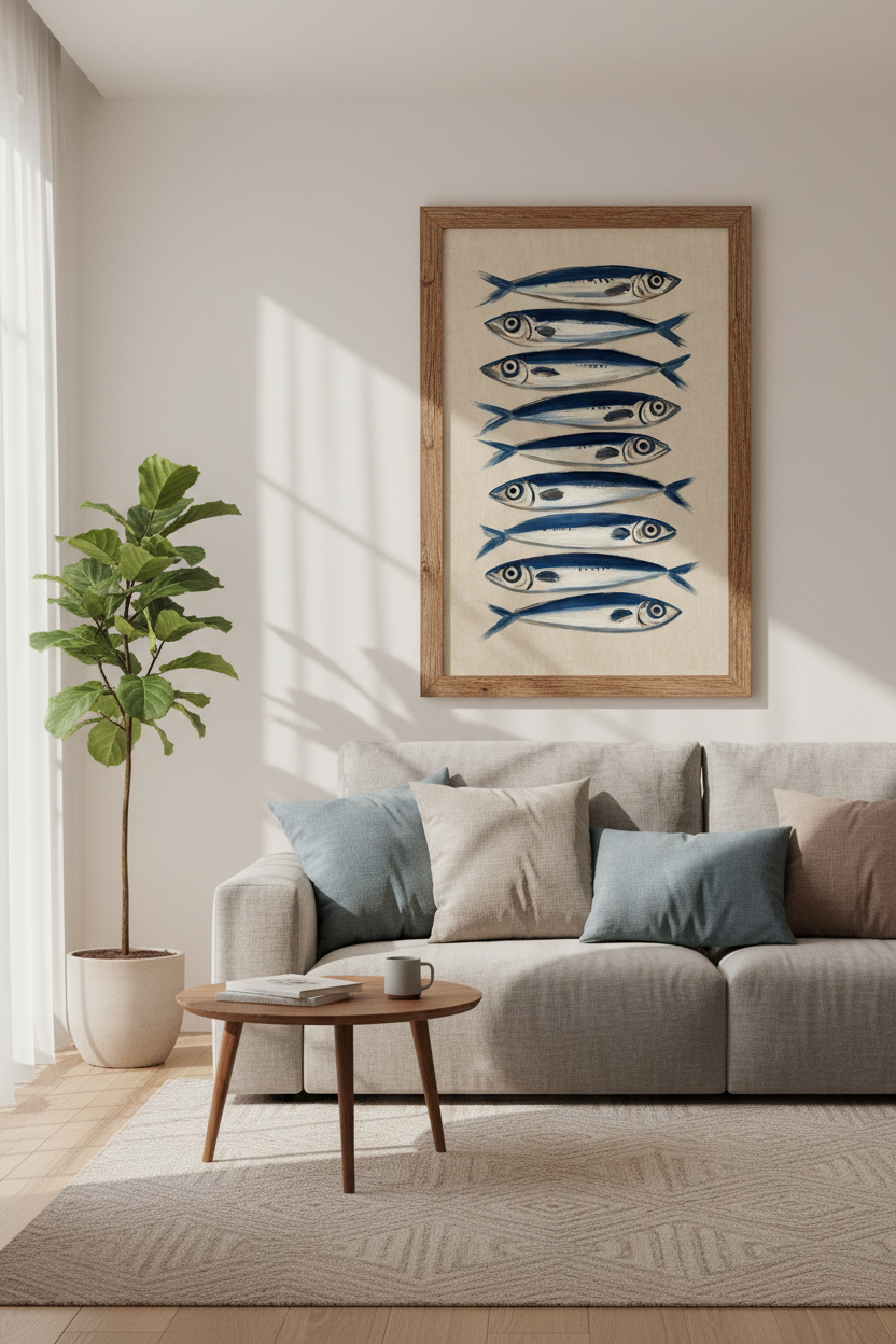 Sardine Oil Painting Wall Art | Blue Coastal Kitchen Decor | Mediterranean Fish Poster