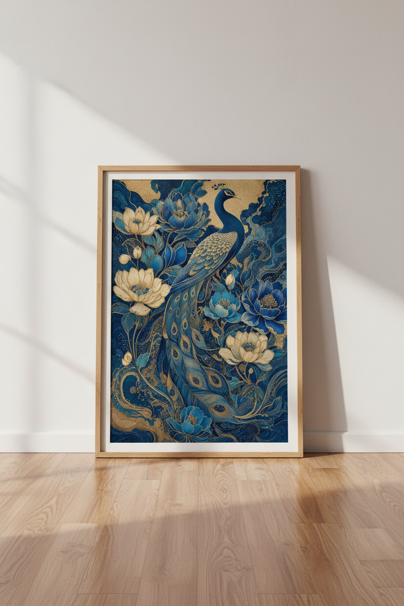 Blue Peacock & Gold Peony Wall Art | Chinoiserie Navy Decor | Art Nouveau Poster