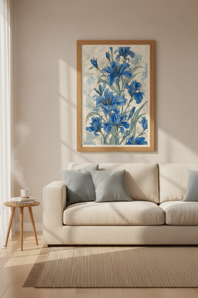 Blue Iris Floral Wall Art | Chinoiserie Botanical Print, Living Room Decor
