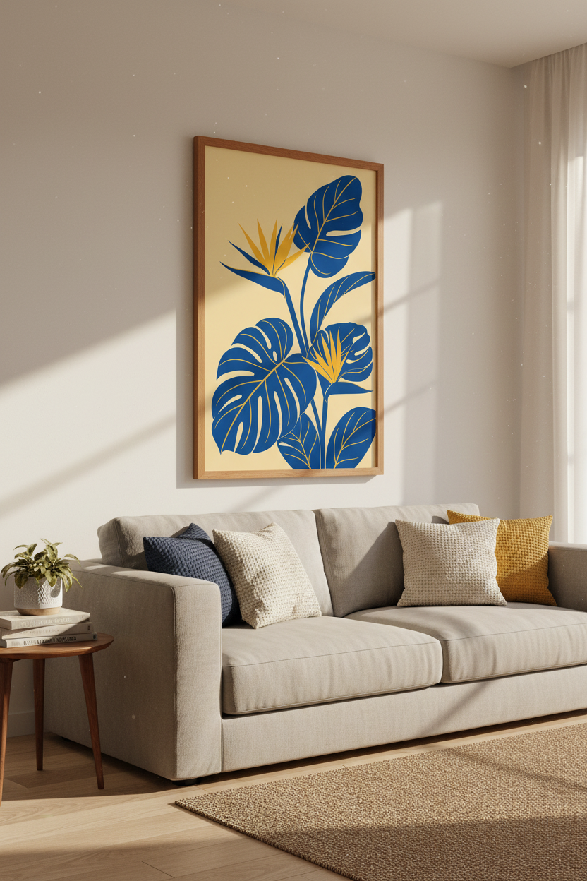 Blue Monstera Botanical Wall Art | Tropical Leaf Print, Modern Living Room Decor