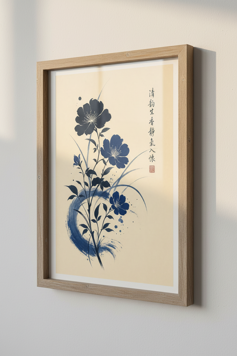 Japanese Blue Floral Wall Art Print | Navy Zen Ink Poster, Asian Botanical Decor