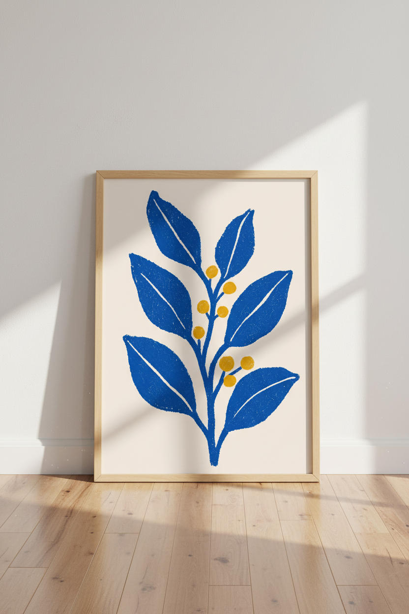Abstract Blue Botanical Wall Art | Modern Floral Print, Living Room Decor