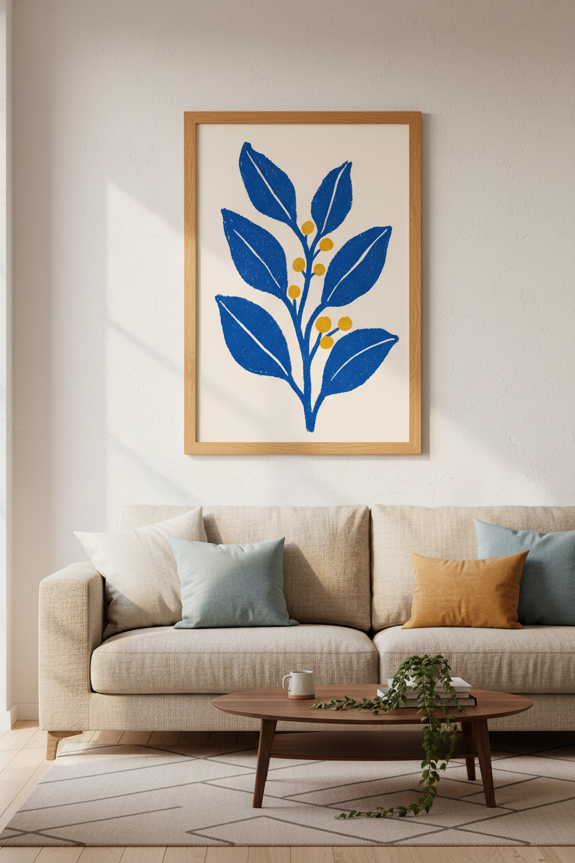 Abstract Blue Botanical Wall Art | Modern Floral Print, Living Room Decor