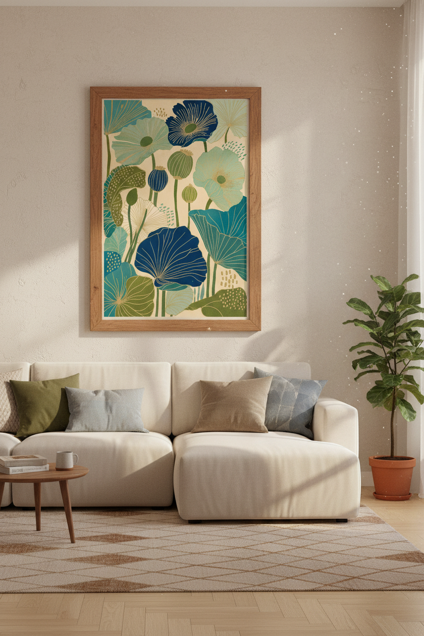 Japanese Poppies Floral Wall Art | Teal & Navy Botanical Print, Bedroom Decor