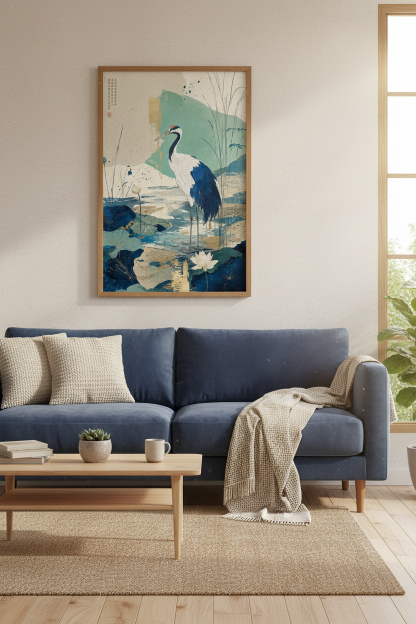 Japanese Crane Wall Art | Indigo Blue & Gold Zen Decor | Japandi Poster