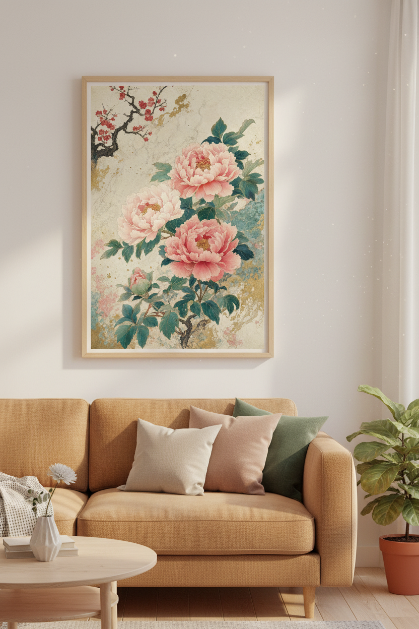 Japanese Peony Wall Art | Pink Floral Botanical Print | Zen Japandi Decor
