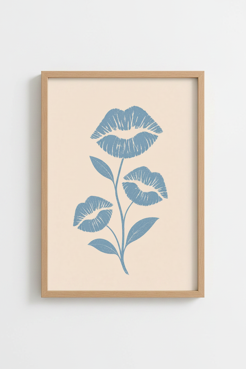 Preppy Lips Wall Art Print | Blue Floral Botanical Decor | Trendy Aesthetic Poster