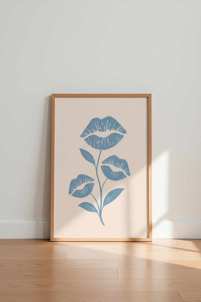 Preppy Lips Wall Art Print | Blue Floral Botanical Decor | Trendy Aesthetic Poster