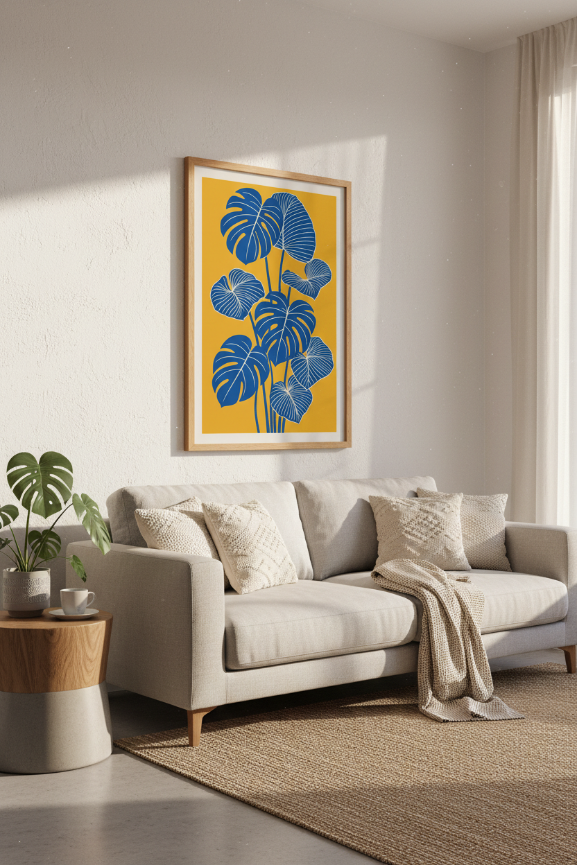 Blue Monstera Leaves Art | Yellow Botanical Poster | Modern Living Room Decor
