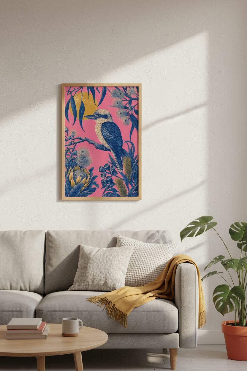 Kookaburra & Native Flowers Wall Art | Pink & Blue Modern Poster | Living Room Decor