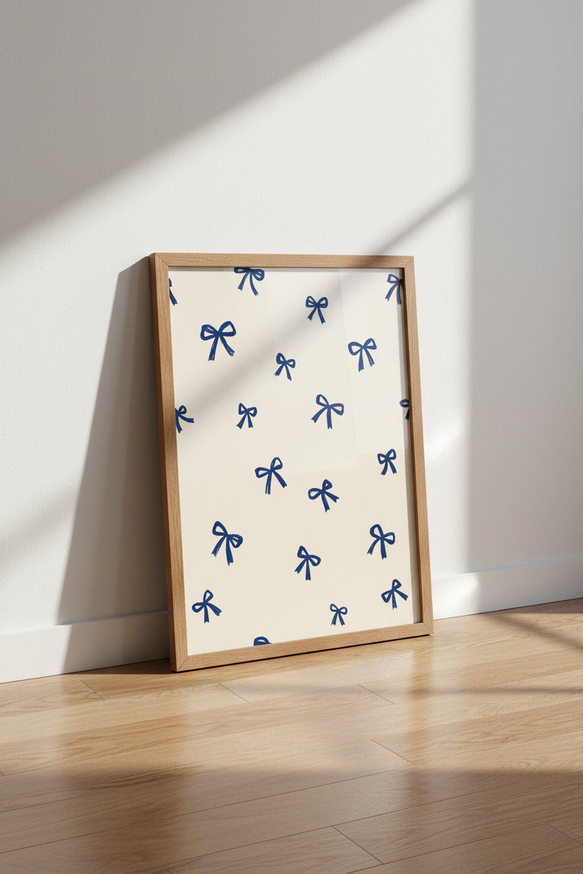Blue Bow Pattern Wall Art | Coquette Navy Ribbon Decor | Minimalist Preppy Poster