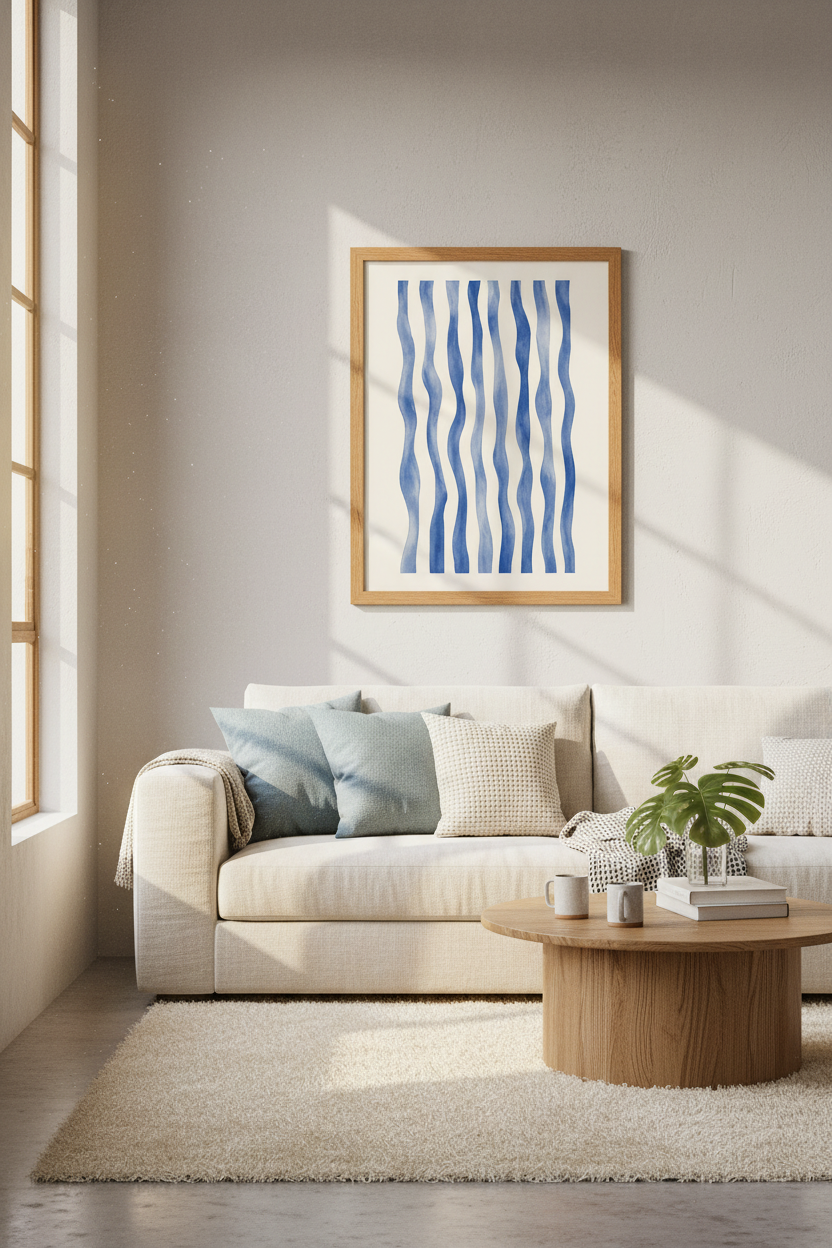 Abstract Blue Waves Wall Art | Indigo Watercolor Stripes, Coastal Bedroom Decor