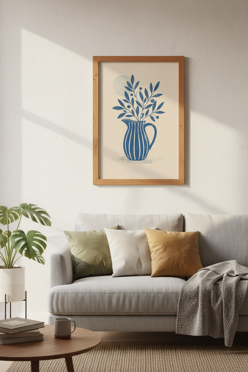 Blue Botanical Vase Wall Art | Minimalist Mediterranean Print | Boho Kitchen Decor Poster