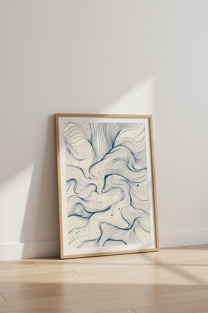 Abstract Flowing Blue Lines Wall Art Print | Navy Minimalist Decor | Zen Wave Poster