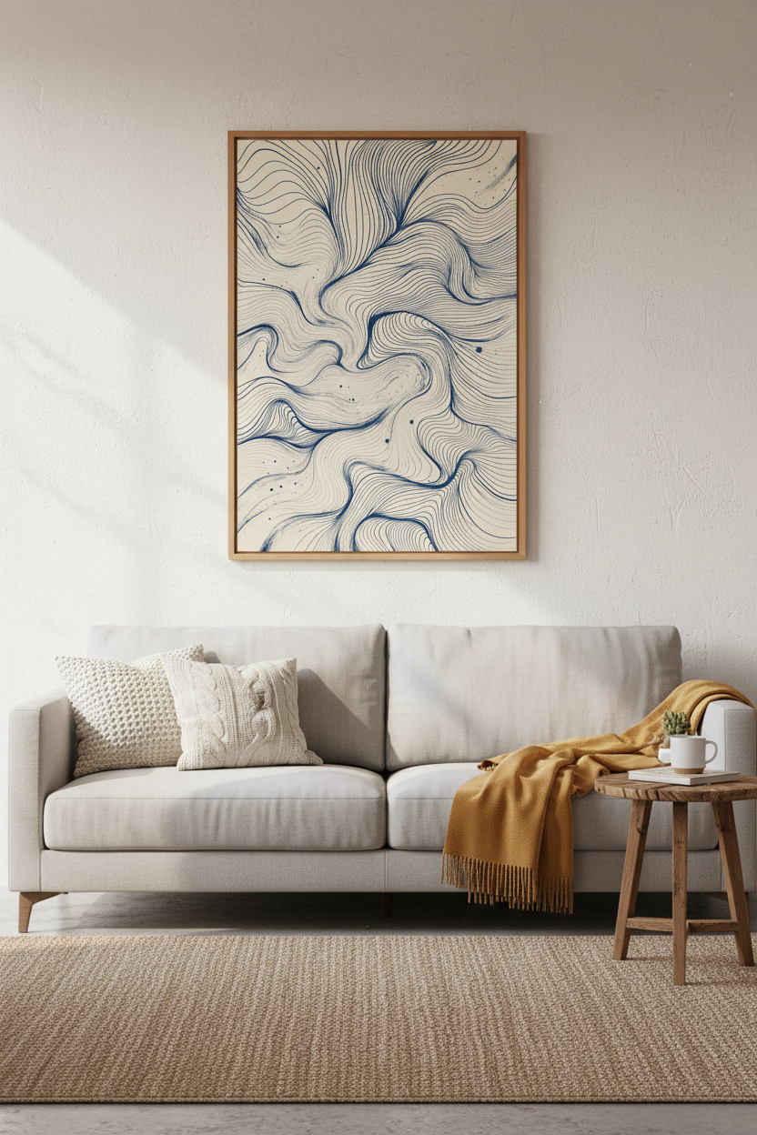 Abstract Flowing Blue Lines Wall Art Print | Navy Minimalist Decor | Zen Wave Poster