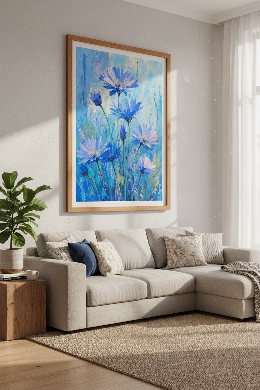 Blue Floral Abstract Wall Art | Modern Botanical Daisy Print, Living Room Decor