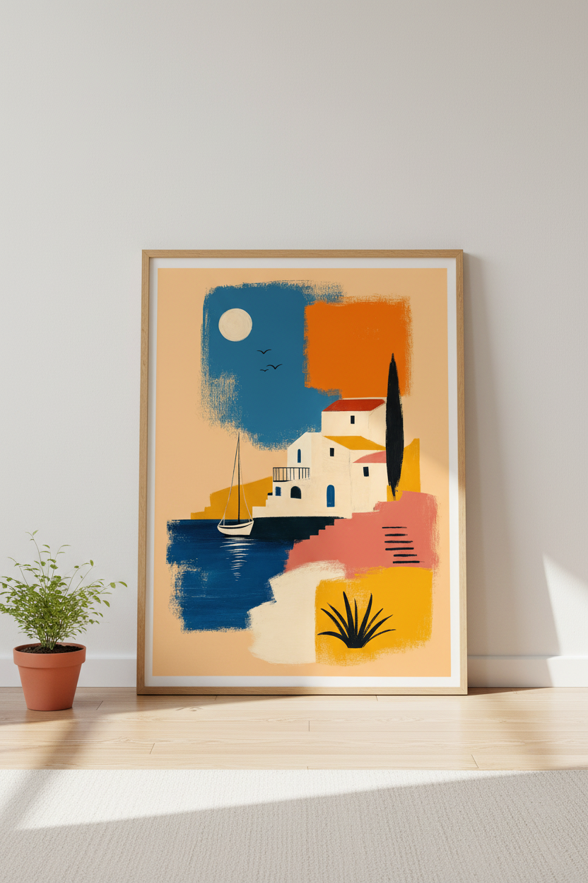 Abstract Mediterranean Village Wall Art | Coastal House Decor | Modern Boho Poster