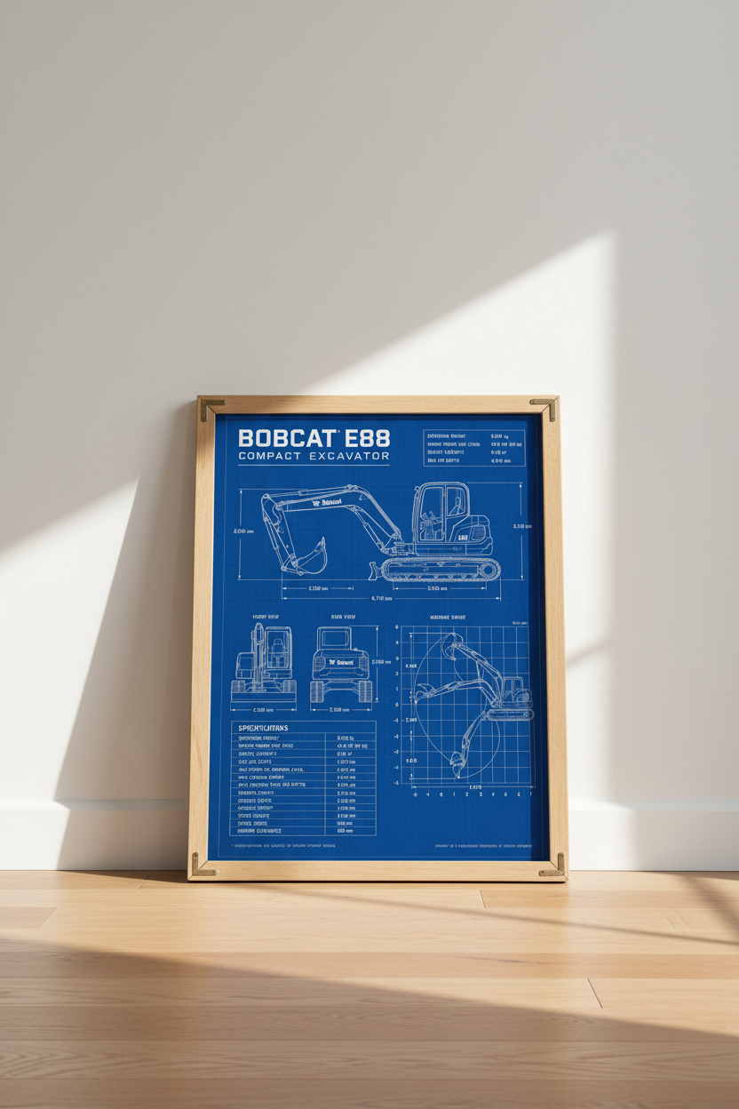Excavator Blueprint Wall Art | Blue Industrial Technical Poster | Construction Office