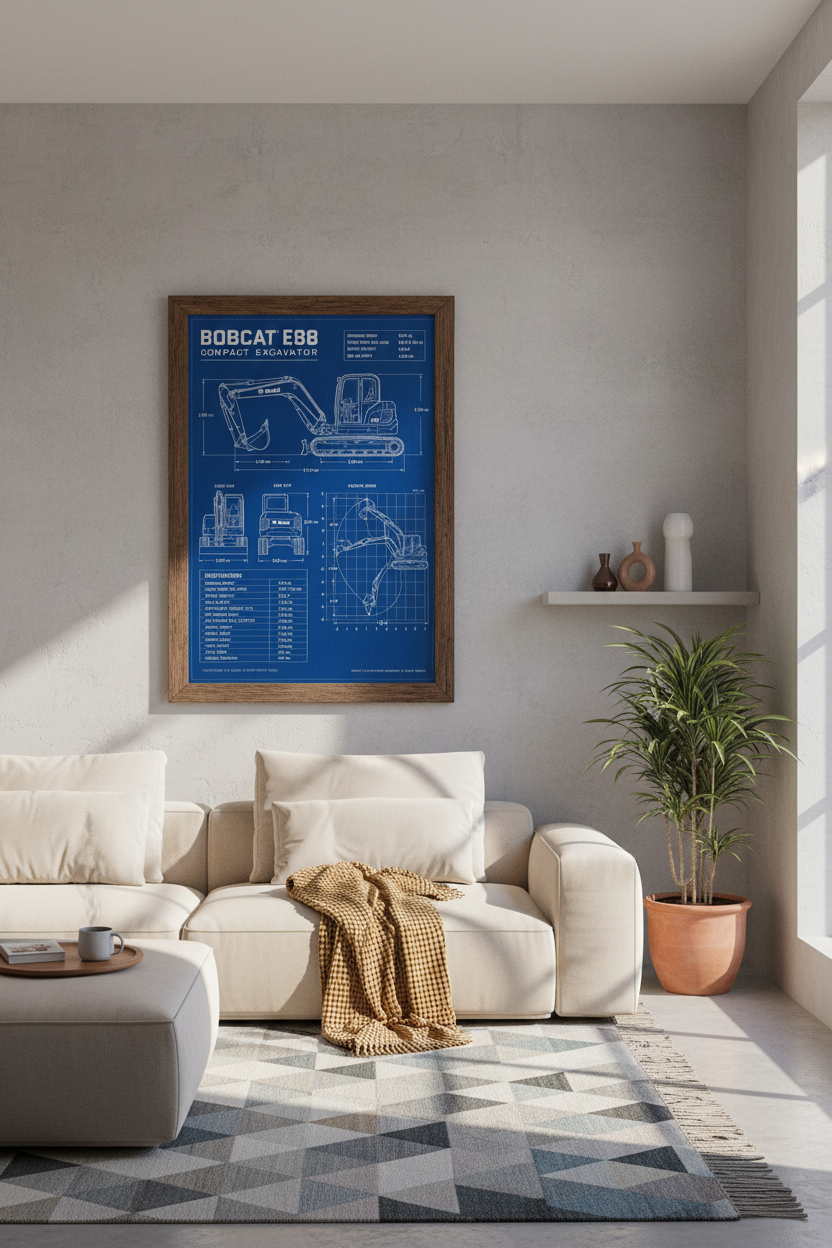 Excavator Blueprint Wall Art | Blue Industrial Technical Poster | Construction Office