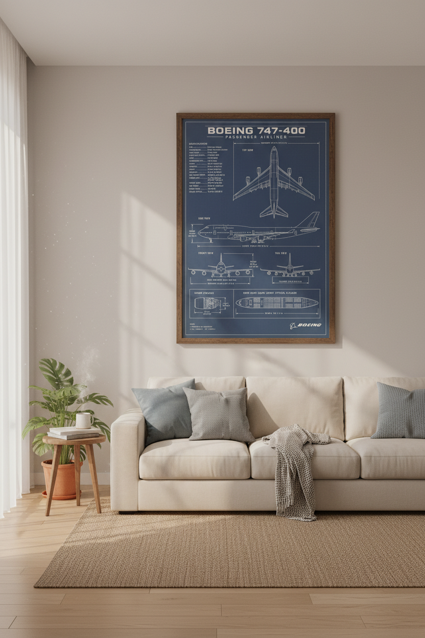 Boeing 747 Blueprint Wall Art | Aviation Technical Poster, Office Decor
