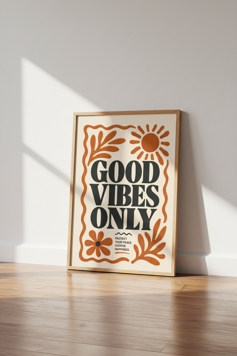 Good Vibes Only Retro Wall Art | Terracotta Boho Poster, Living Room Decor