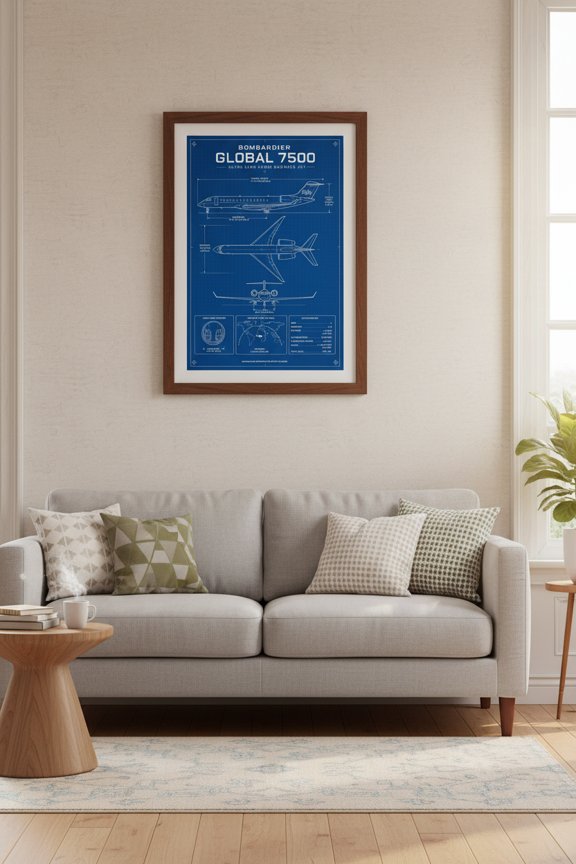 Bombardier Global 7500 Blueprint Art | Pilot Gift, Aviation Office Decor