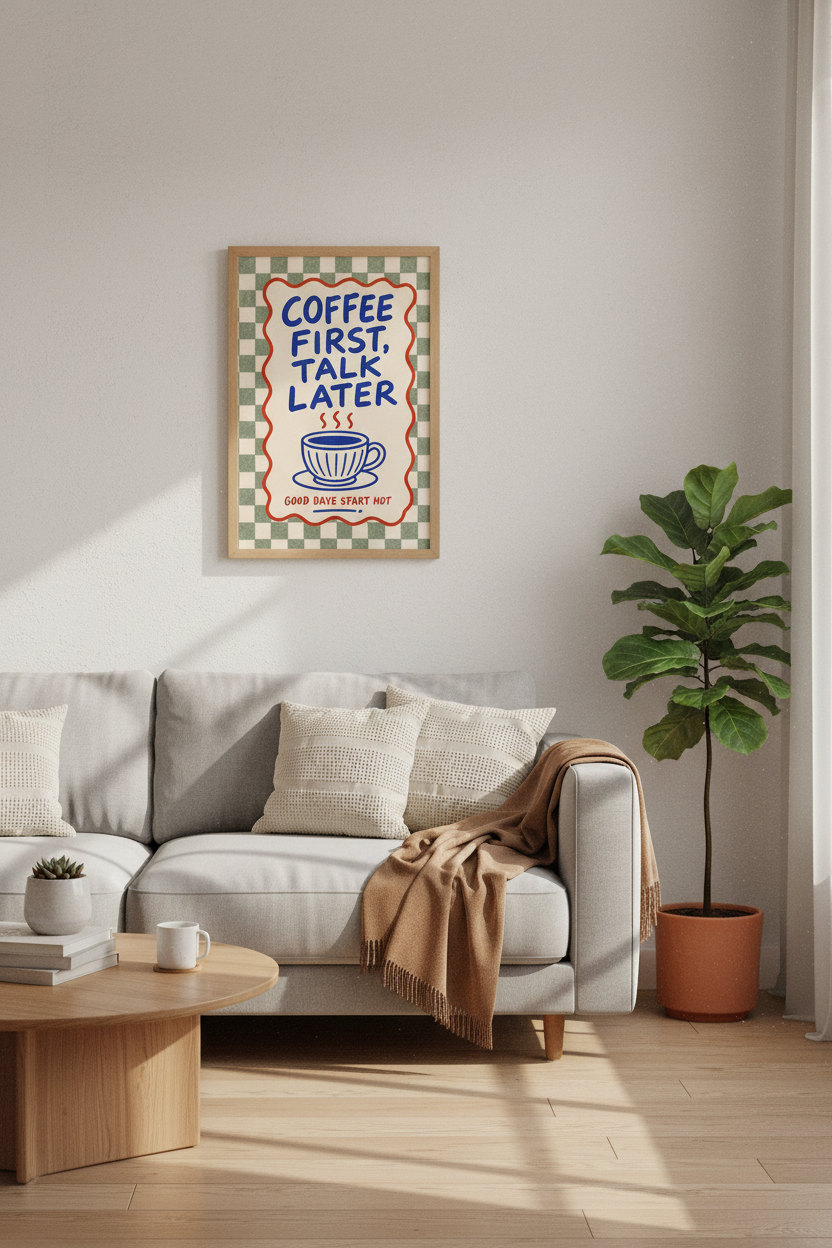 Coffee First Talk Later Art Print | Kitchen Wall Decor | Retro Checkerboard Poster