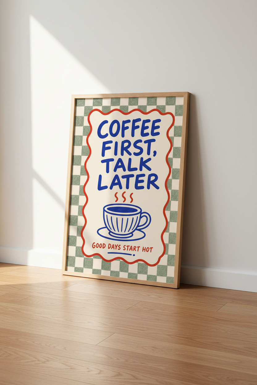 Coffee First Talk Later Art Print | Kitchen Wall Decor | Retro Checkerboard Poster