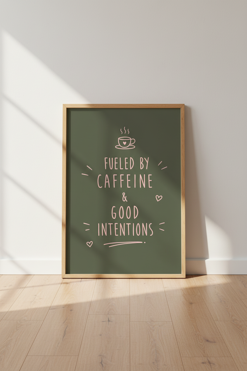 Fueled by Caffeine & Intentions Wall Art | Kitchen Decor | Sage Green Poster