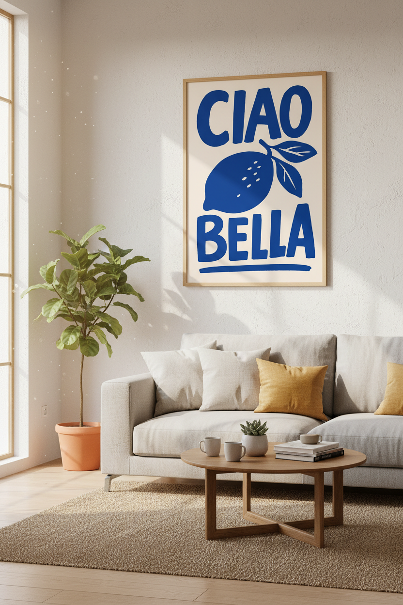 Italian Blue Food Poster | Ciao Bella Lemon Print, Kitchen Mediterranean Wall Art