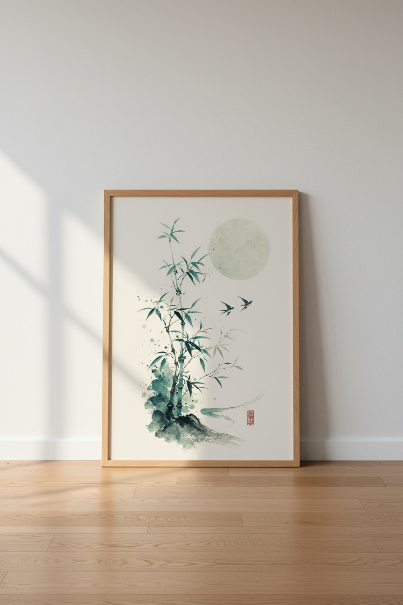 Japanese Bamboo & Birds Wall Art | Zen Ink Style, Minimalist Living Room Decor