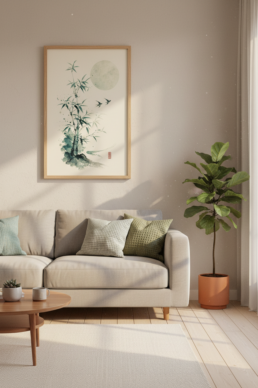 Japanese Bamboo & Birds Wall Art | Zen Ink Style, Minimalist Living Room Decor