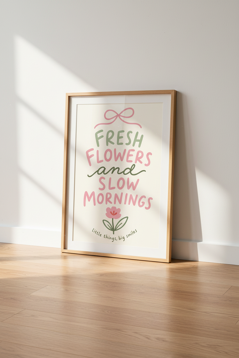 Fresh Flowers Slow Mornings Wall Art | Pink Sage Pastel Poster | Coquette Room Decor