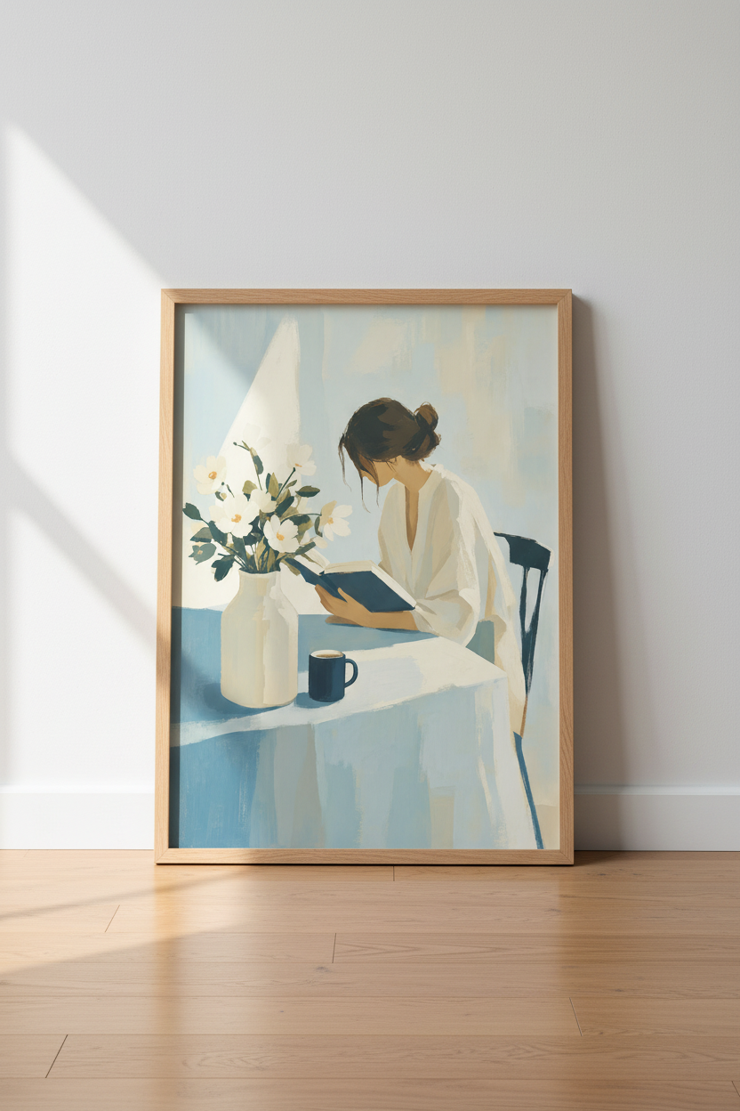 Woman Reading Book | Blue Impressionist Painting, Living Room Decor