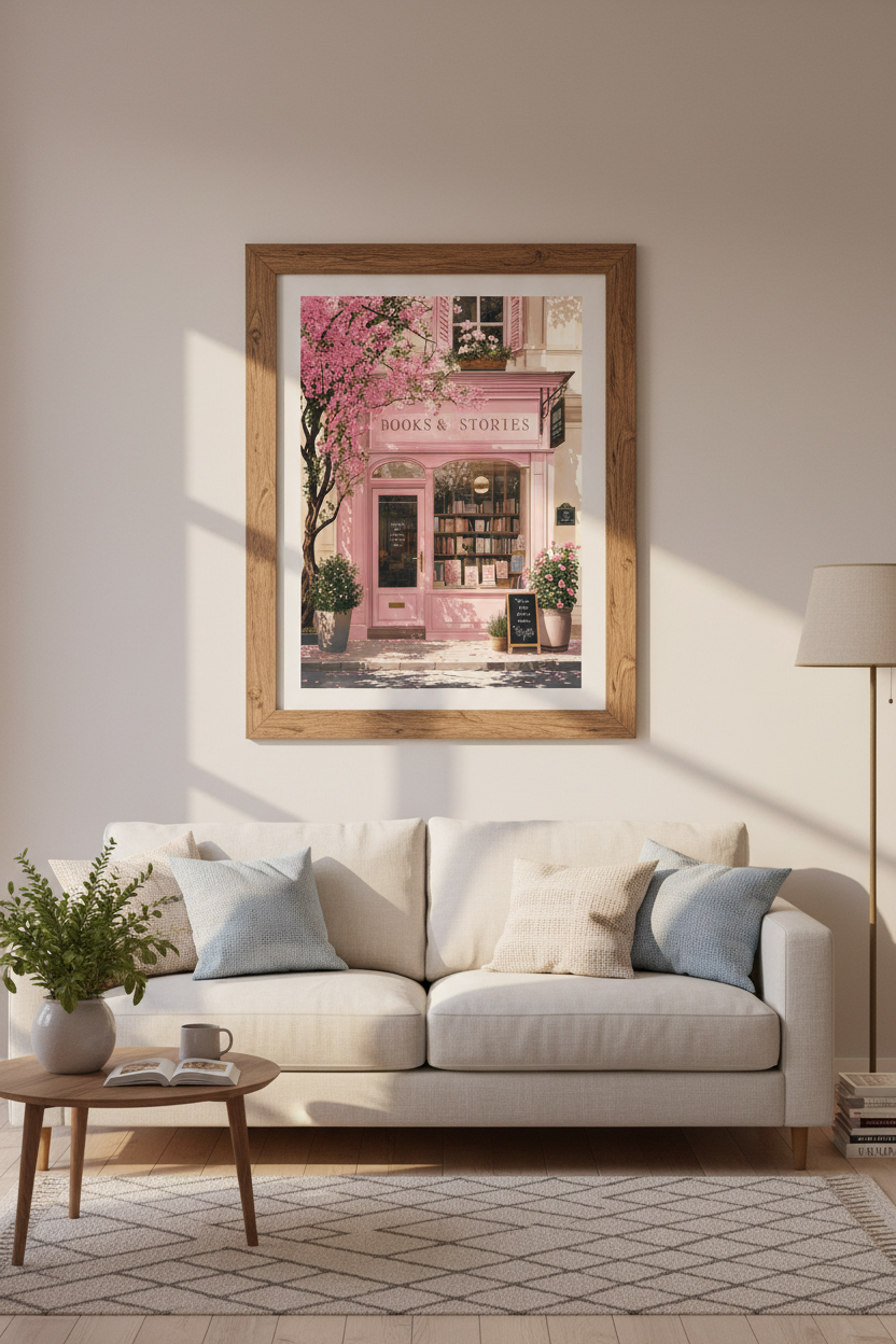 Pink French Bookstore Wall Art | Romantic Paris Shop Decor | Pastel Floral Poster