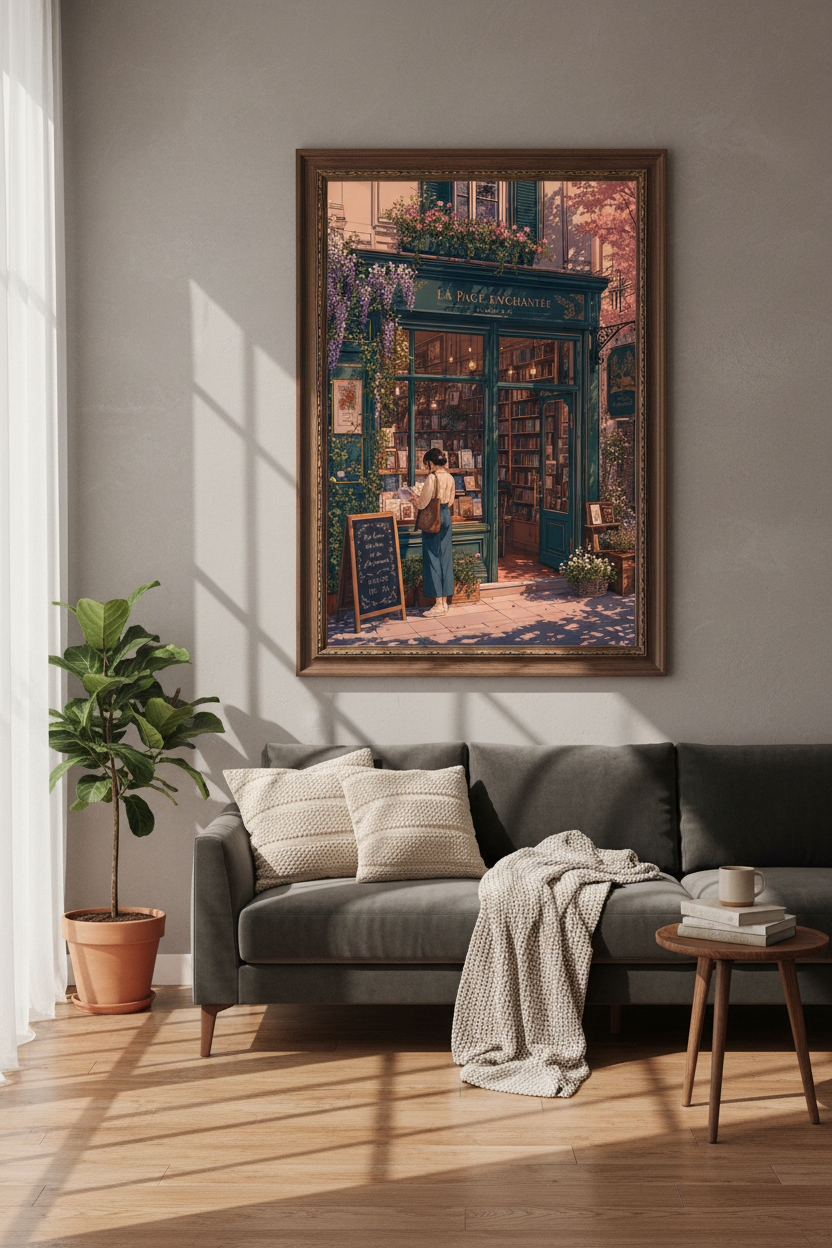 Vintage French Bookstore Print | Cozy Library Wall Art | Whimsical Parisian Poster