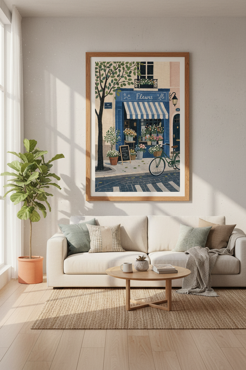 Paris Flower Shop Wall Art | French Street Scene Poster, Blue Floral Storefront