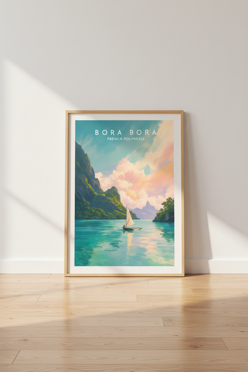 Bora Bora Travel Poster | Tropical Coastal Wall Art, Pastel Beach House Decor