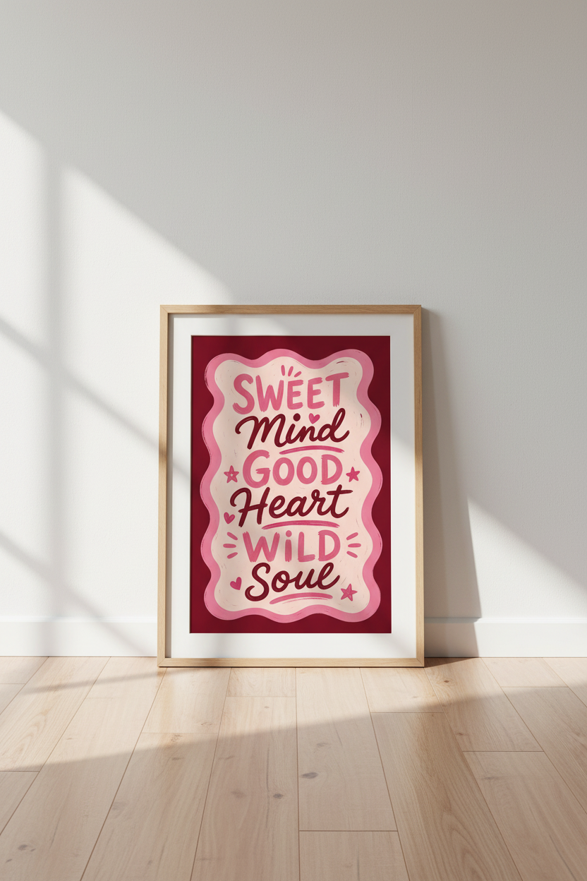 Pink Retro Quote Wall Art | Preppy Pink Aesthetic Decor | Sweet Mind Wild Soul Poster